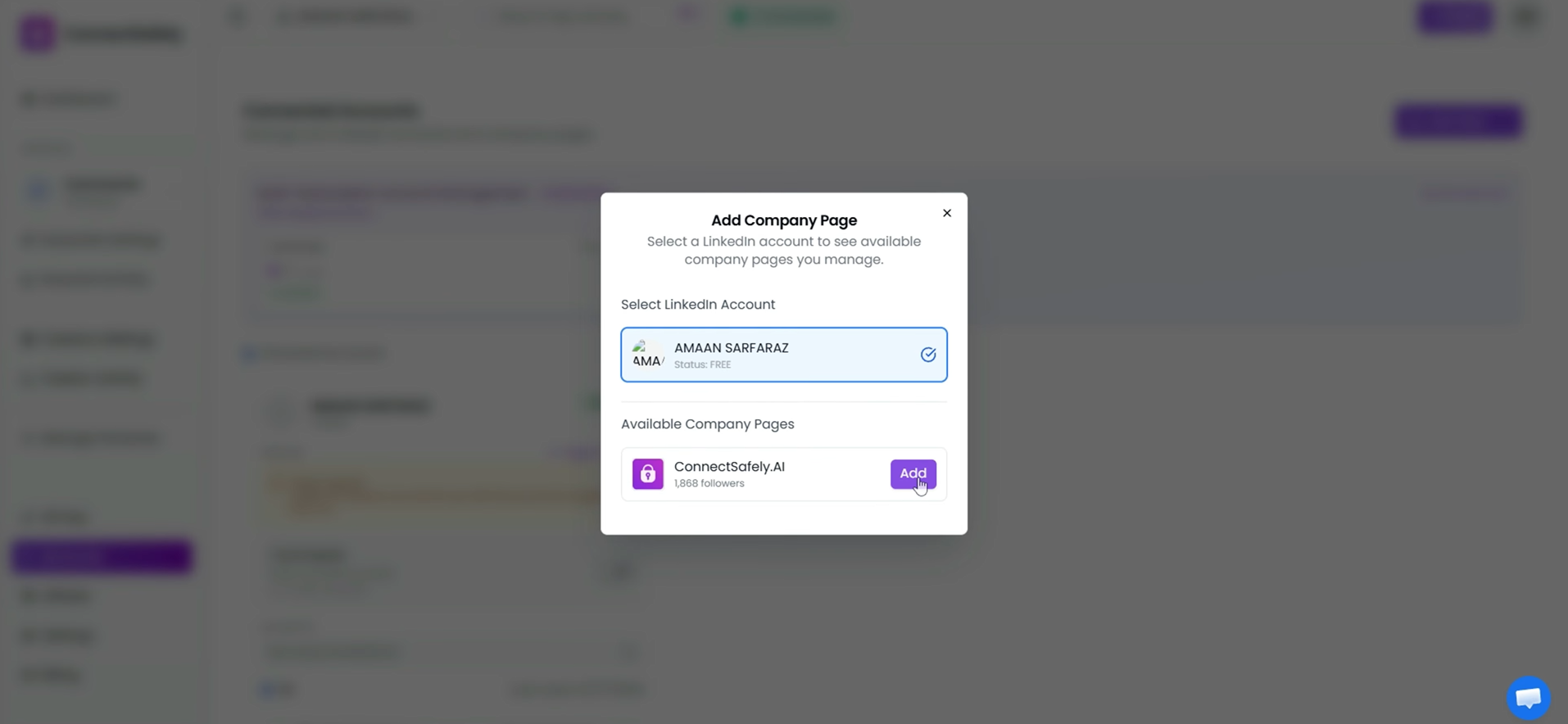 Add Company Page modal showing available company pages with Add button