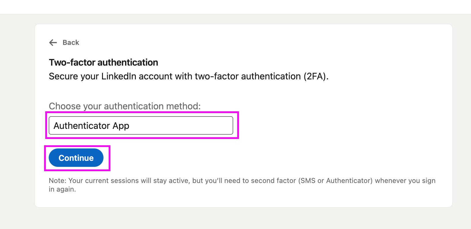 Selecting Authenticator App as verification method