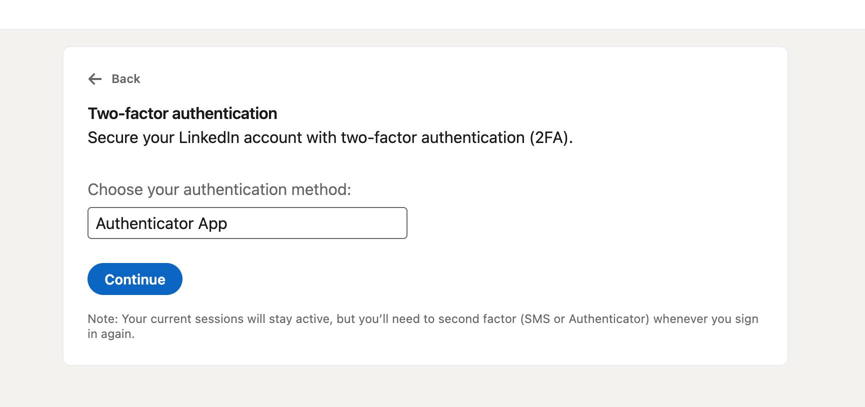 Confirming Authenticator App selection