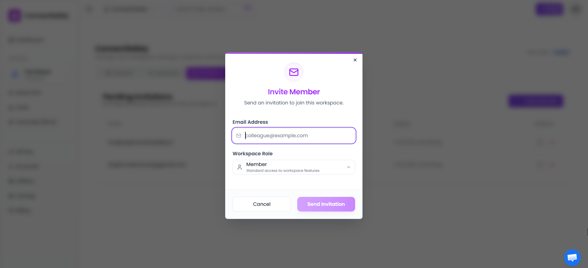 Invite member dialog with email and role fields