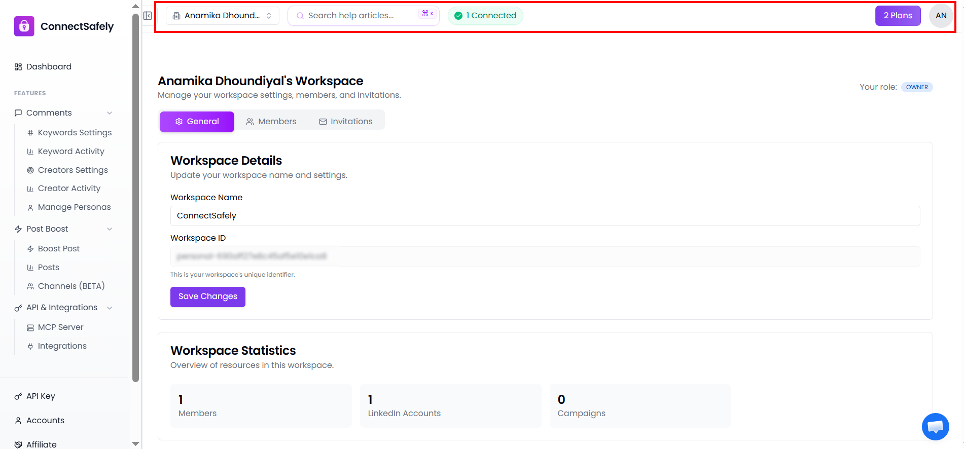 Workspace settings page showing workspace details and team members