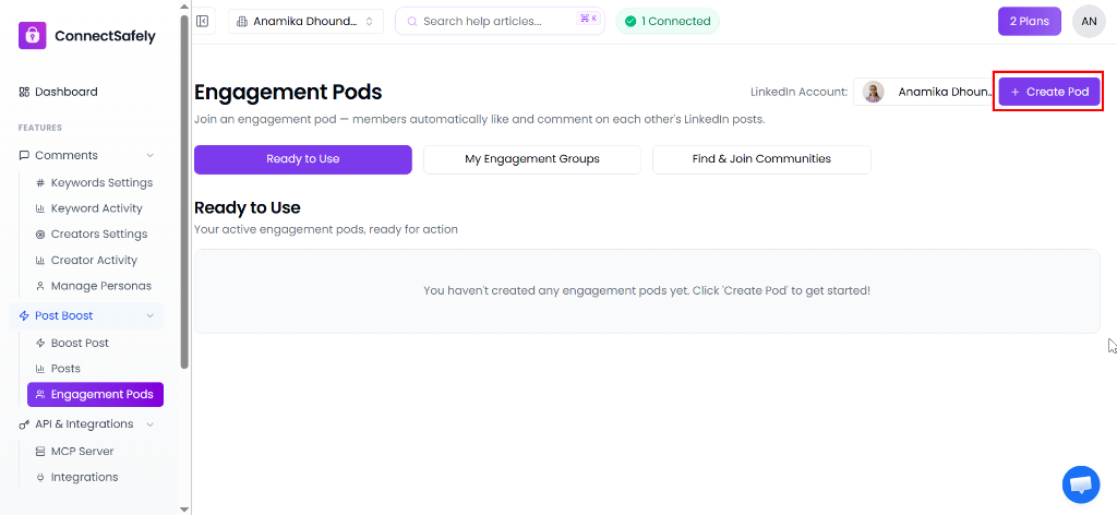 Empty state of Engagement Pods showing the Create Pod button
