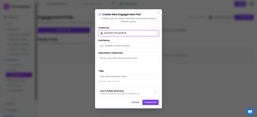 Create New Engagement Pod modal