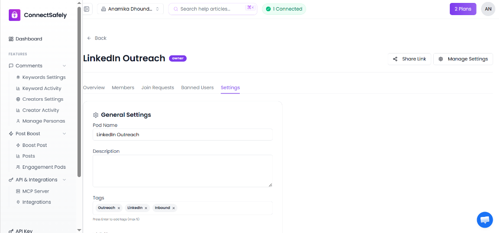 Edit Pod Settings - Name, Description, Tags