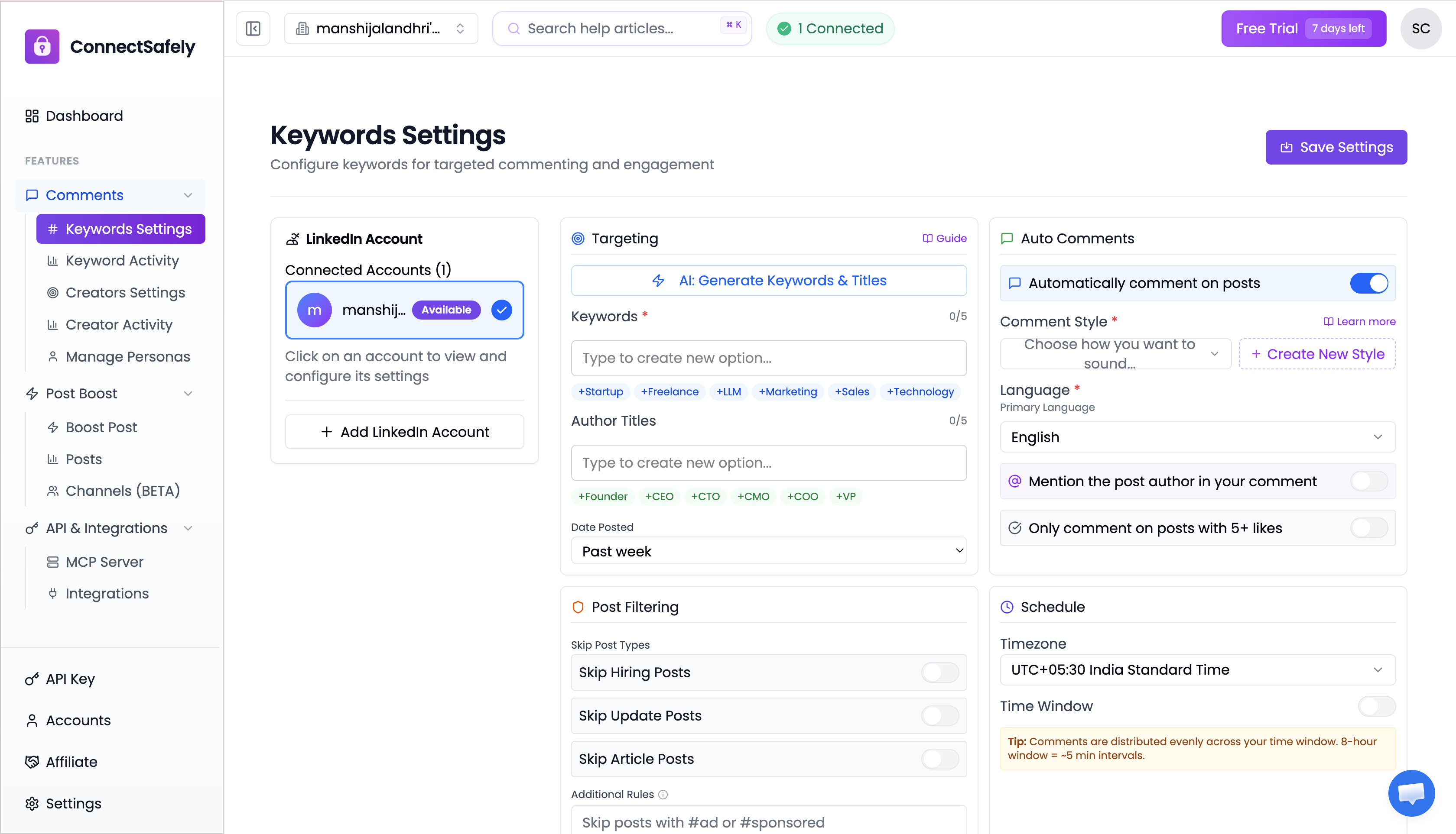 ConnectSafely Keyword Settings interface showing account selection, auto commenting toggle, and configuration options